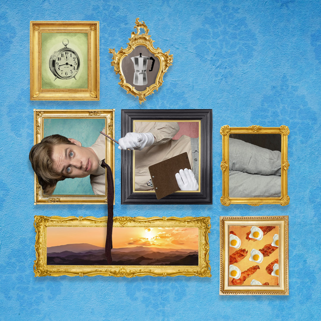 A series of picture frames with Jim, in a beige jumpsuit, lying down, appearing in and out of the frames.